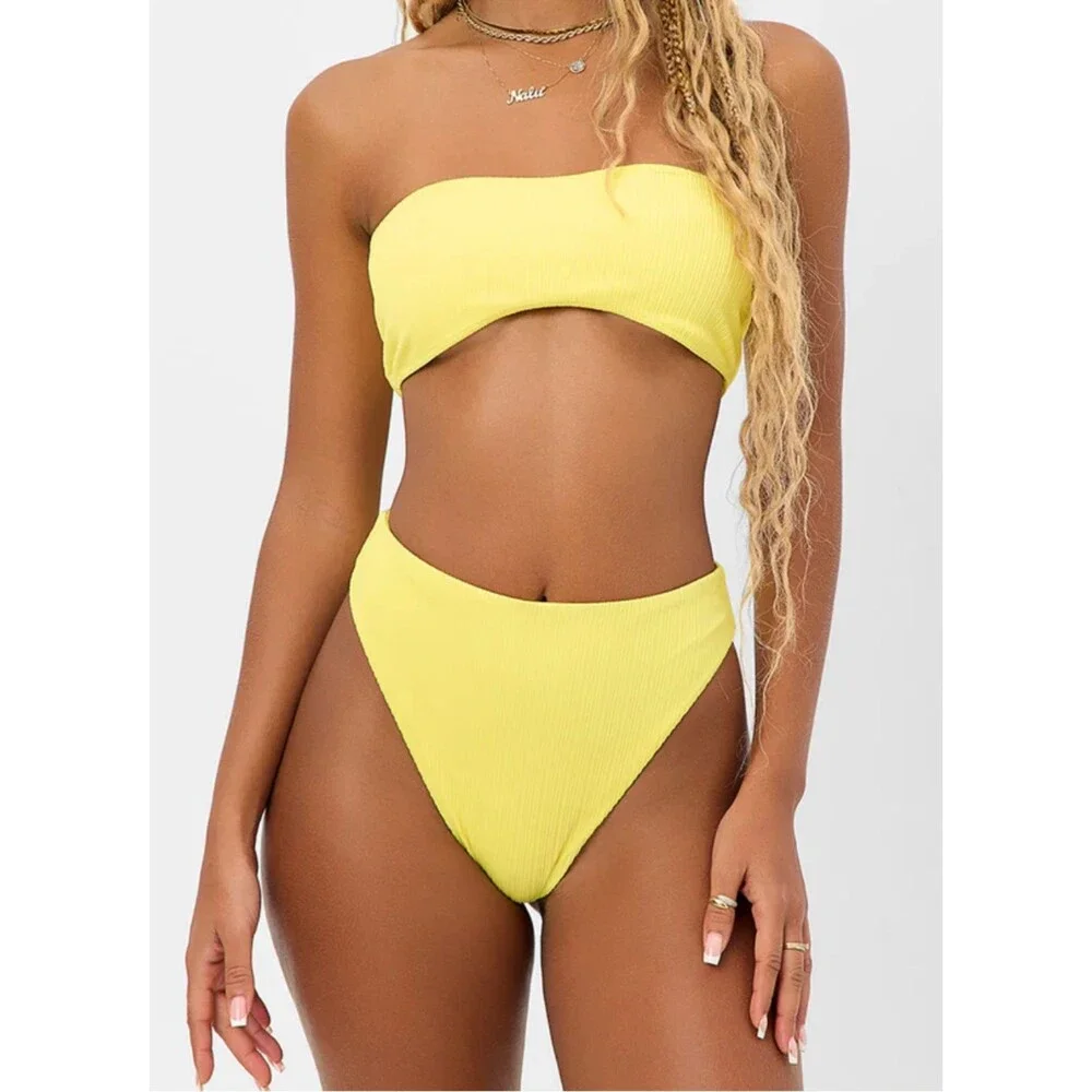 NWT FRANKIES BIKINIS Pina Colada Jean Bandeau Plissé Bikini Top Size XS